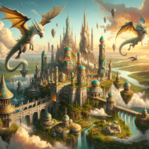Representa un mundo de fantasía con criaturas y paisajes únicos, como "una ciudad en las nubes con dragones guardianes"