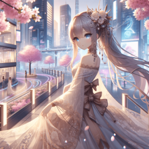 Crie a imagem de uma garota de anime em uma cidade futurista, com flores de cerejeira, luzes de néon e arquitetura moderna