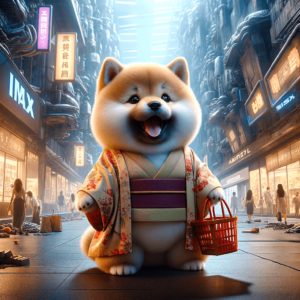 Crear una imagen de un gran cachorro Shiba-inu en kimono disfrutando de las compras en una ciudad futurista abandonada, película de anime, IMAX, iluminación cinematográfica, sólo en el cine